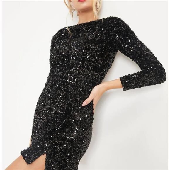 Women's Sequin Dress Velvet Warm Long Sleeve Black - Picture 1 of 6